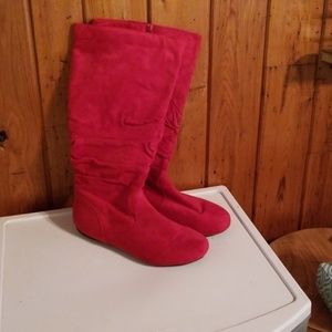 17 inch high flat soles red suede boots